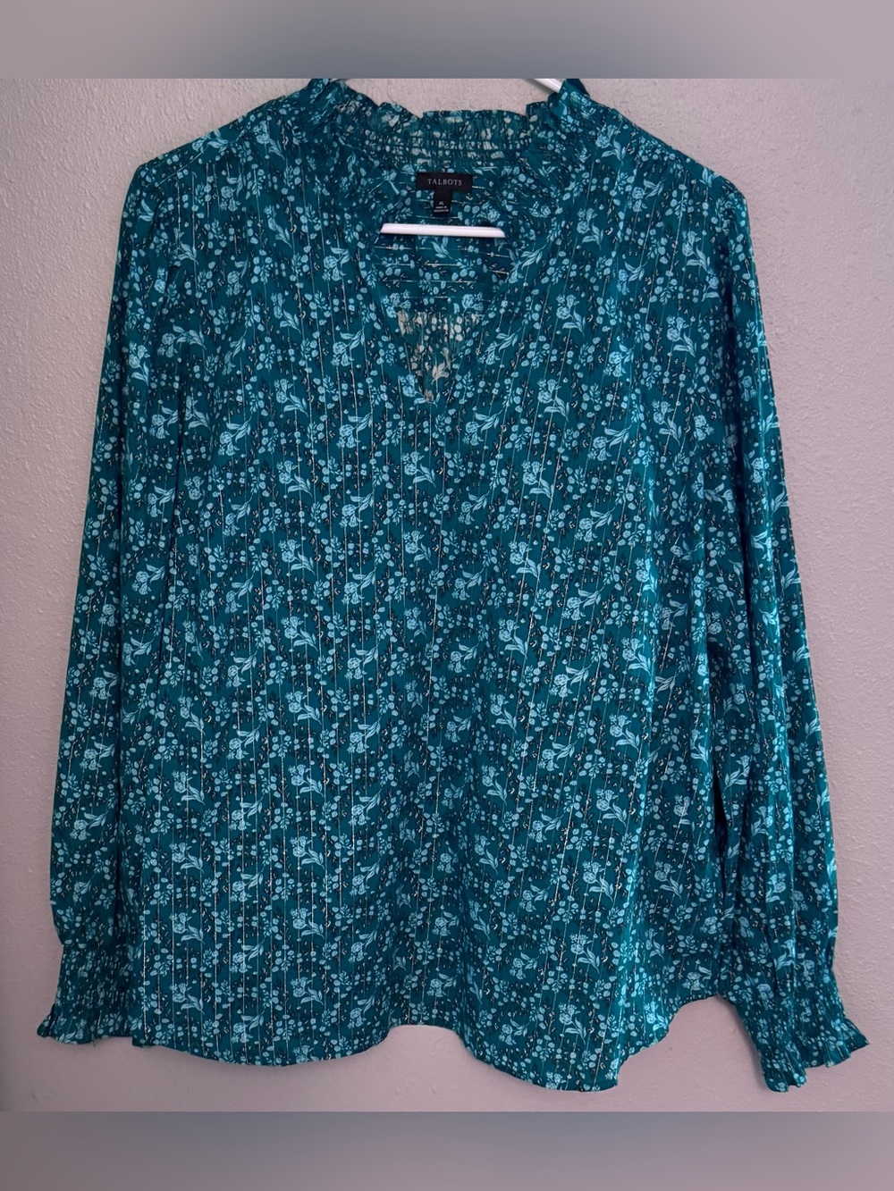 Talbots Teal Floral V-Neck Smocked Long Sleeve Blouse with Silver Threads
